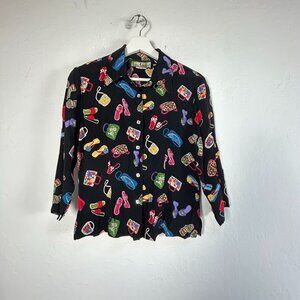 Loco Lindo Womens Black Colorful Accessories Print Button-Up Shirt Small Casual